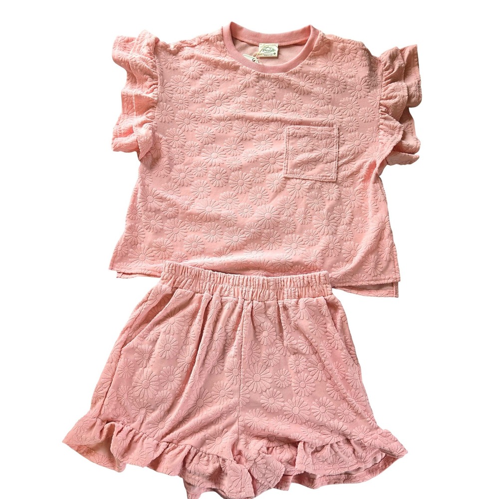 New In by Very J Pink Daisy Embossed Ruffle Sleeve Top and Shorts Set NWT Small